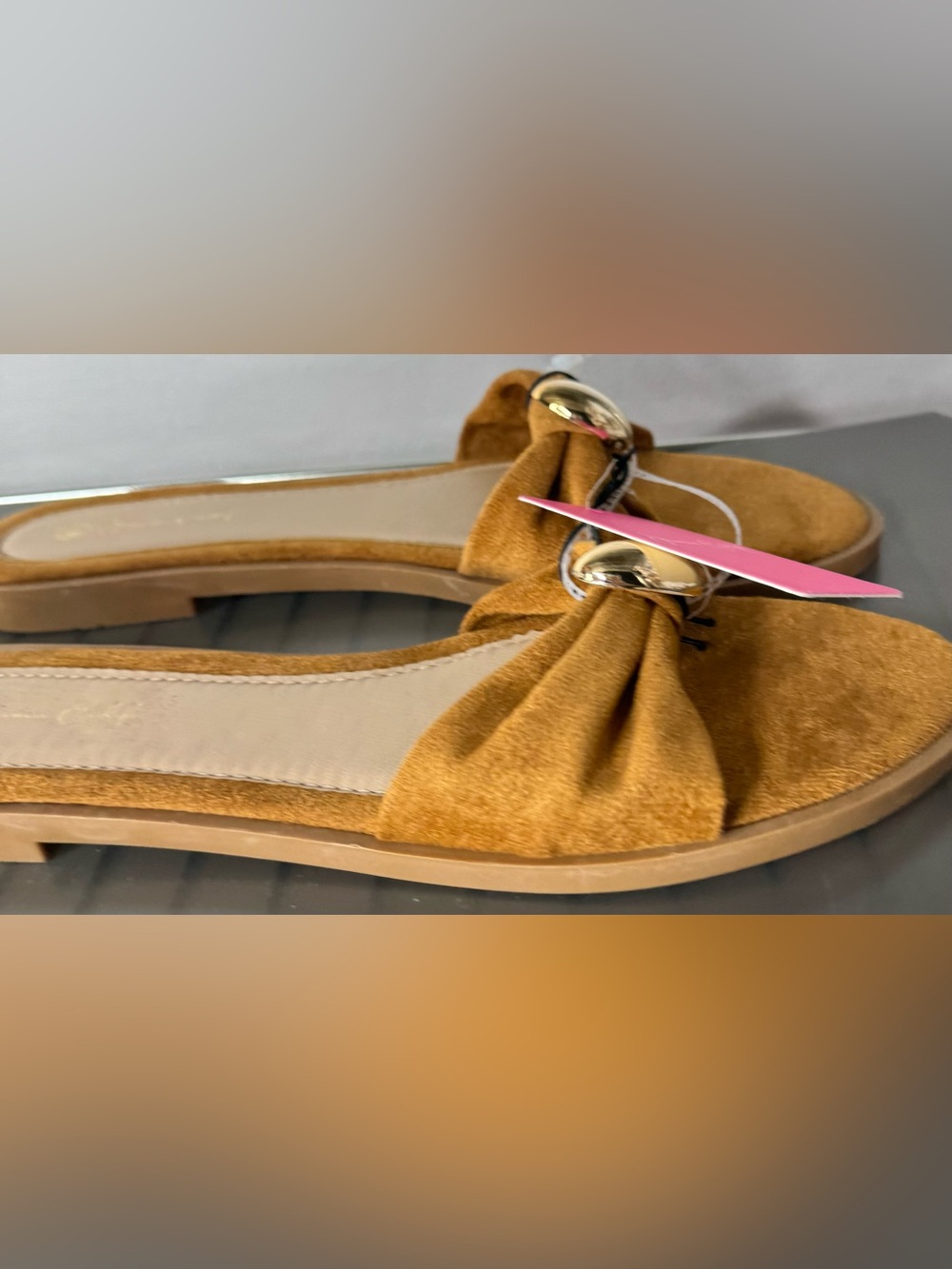 Tan Suede Slide-on Sandals with tie Gold Accent summer boho spring fall sz 8.5? - Picture 2 of 6